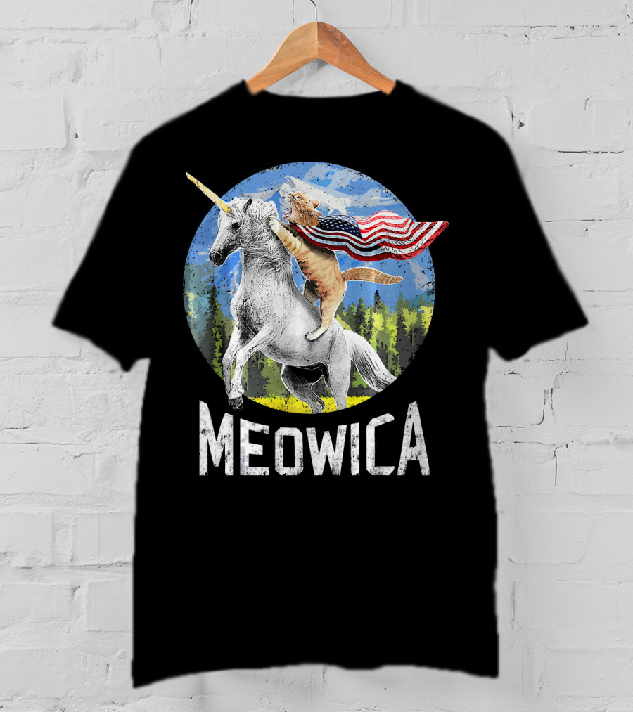 Meowica Cat Riding Unicorn With American Flag T-Shirt