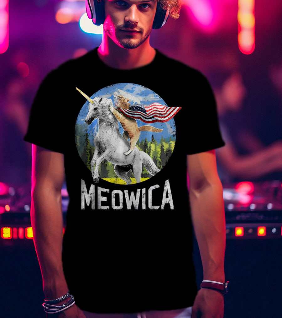 Meowica Cat Riding Unicorn With American Flag T-Shirt