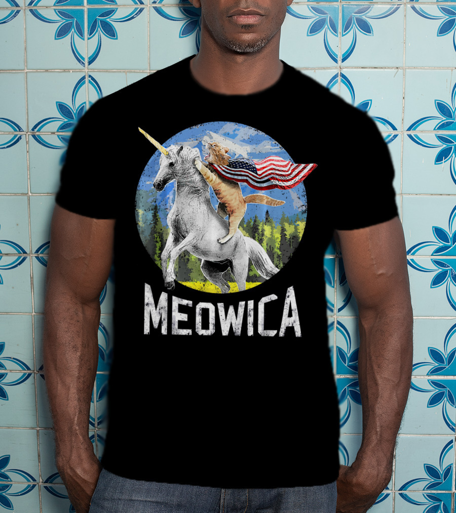 Meowica Cat Riding Unicorn With American Flag T-Shirt