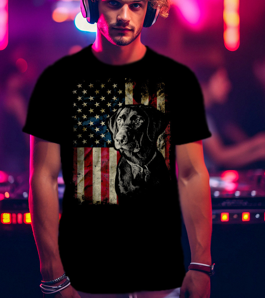 Patriotic Labrador Retriever With American Flag Background T-Shirt