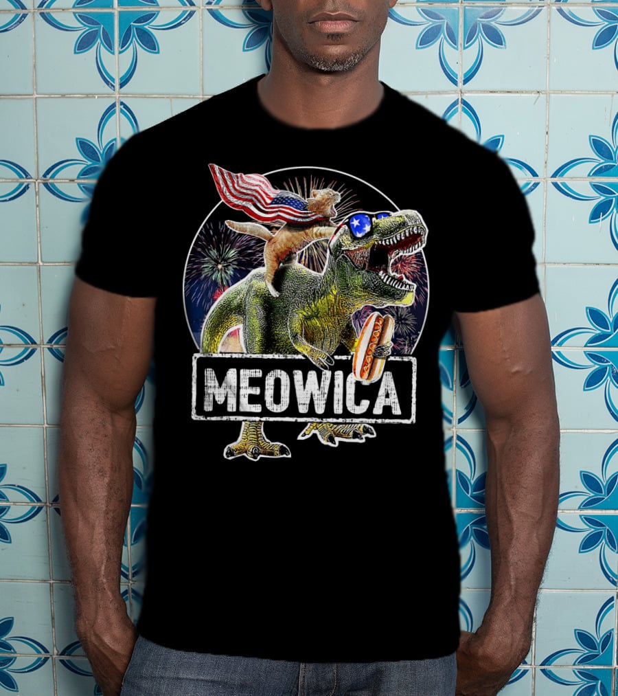 Meowica Cat With American Flag Riding T-Rex Holding Hot Dog T-Shirt