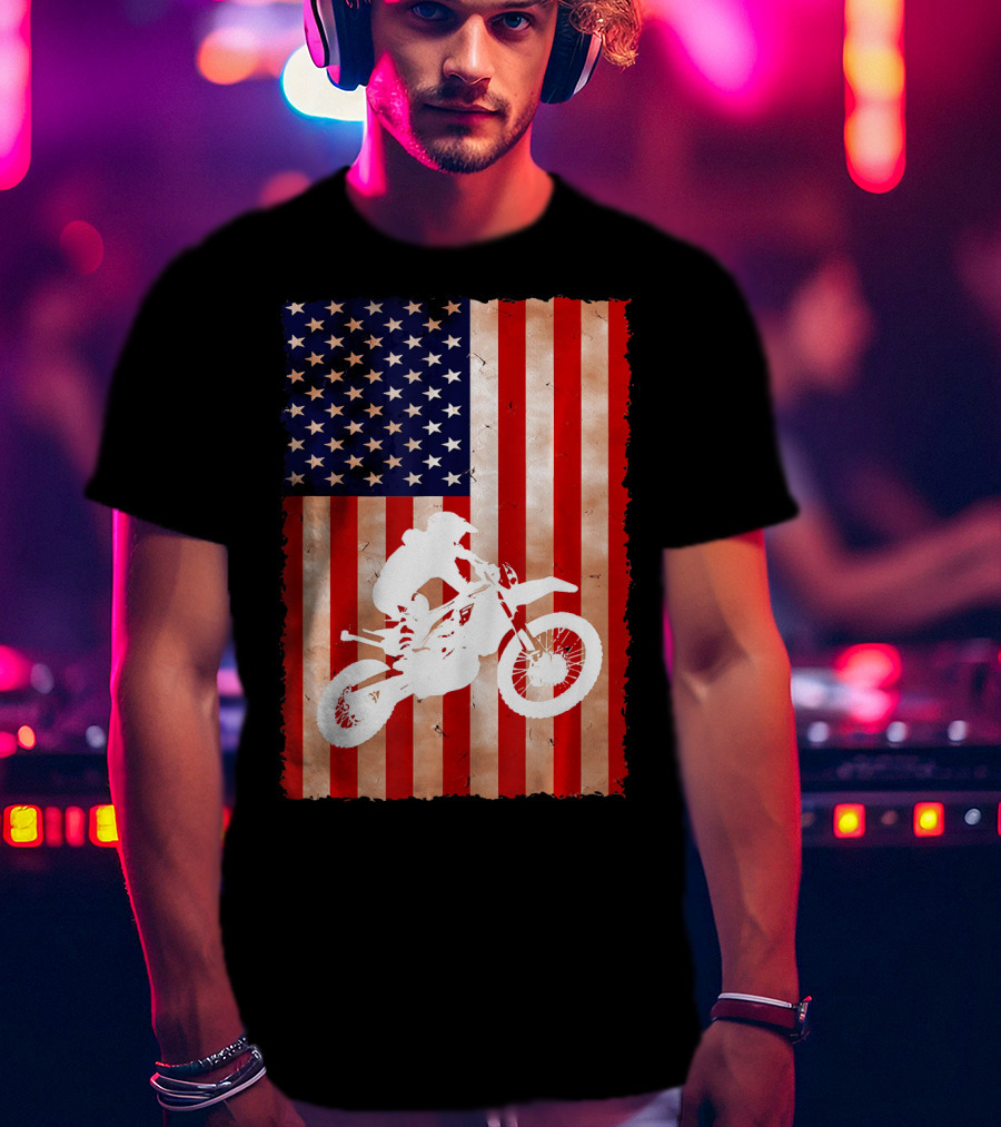 Dirt Bike Motocross American Flag Patriotic Ride USA T-Shirt