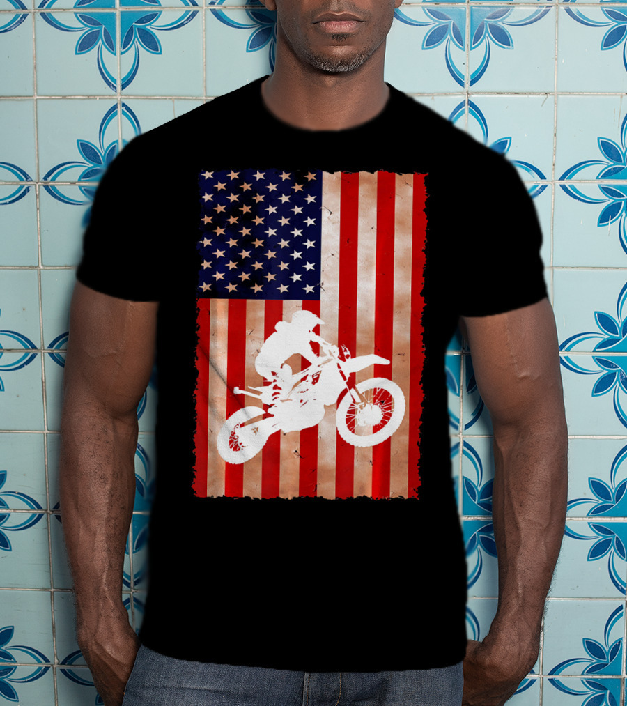 Dirt Bike Motocross American Flag Patriotic Ride USA T-Shirt