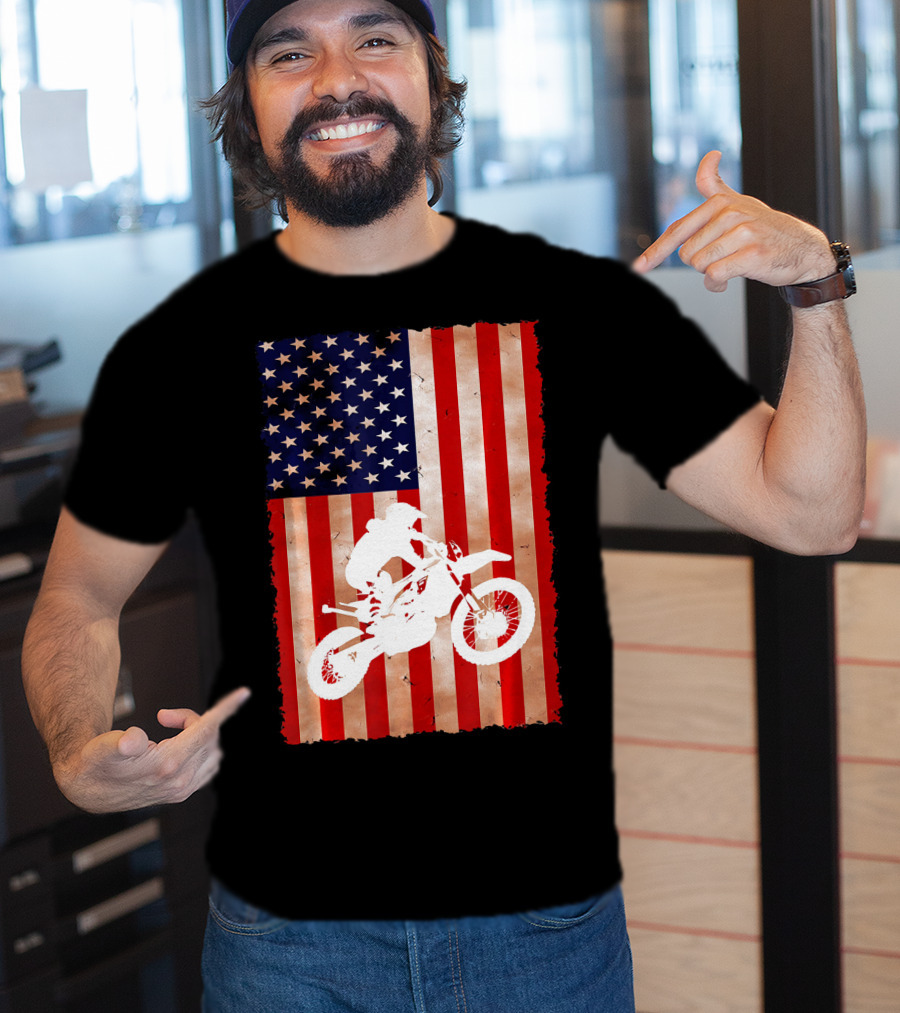 Dirt Bike Motocross American Flag Patriotic Ride USA T-Shirt