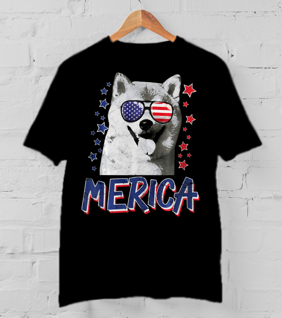 Merica Shiba Inu Dog Patriotic USA Stars And Stripes Sunglasses T-Shirt