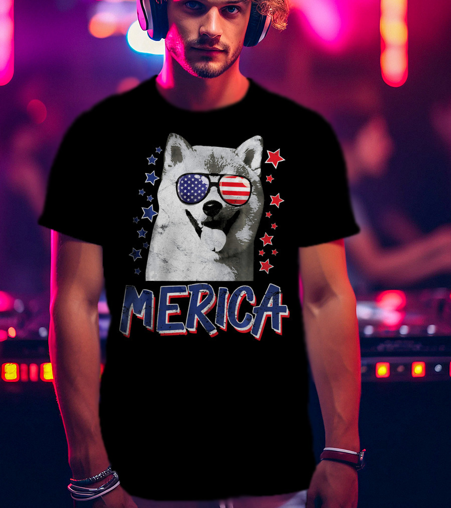 Merica Shiba Inu Dog Patriotic USA Stars And Stripes Sunglasses T-Shirt
