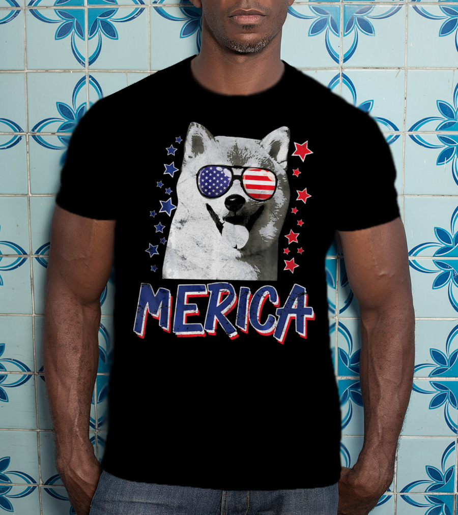 Merica Shiba Inu Dog Patriotic USA Stars And Stripes Sunglasses T-Shirt