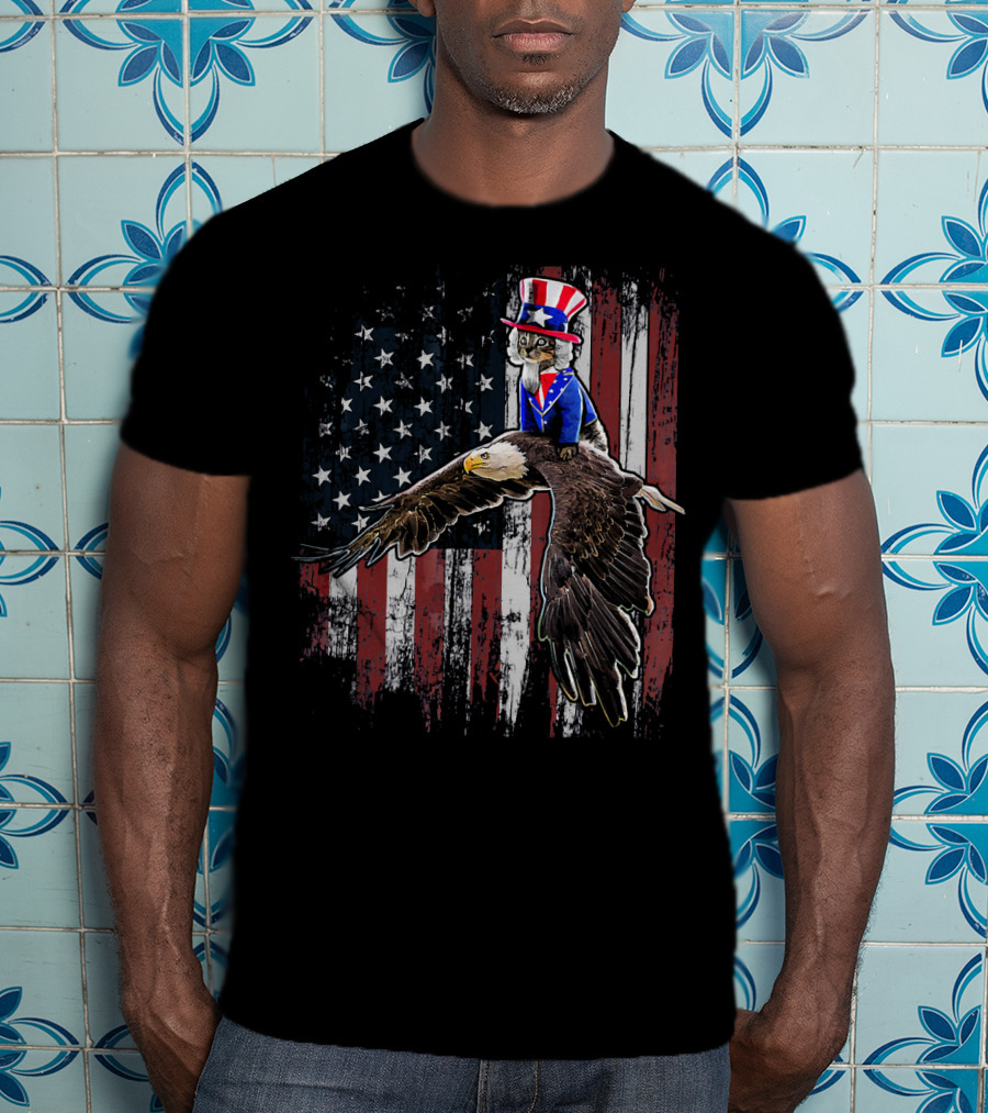 Uncle Sam Costume Cat Riding Bald Eagle On American Flag Background T-Shirt