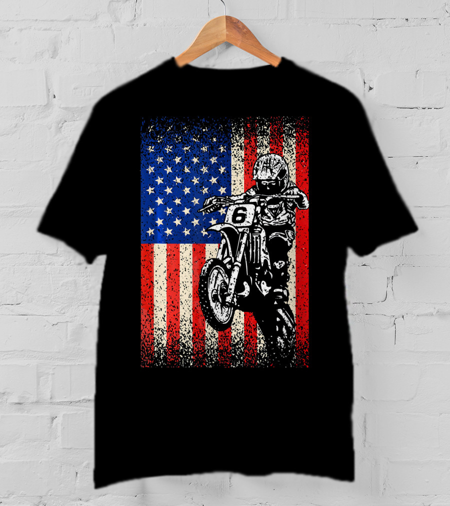 Dirt Bike American Flag Motocross Biker Number 6 T-Shirt