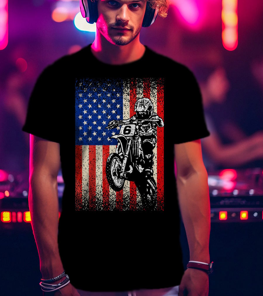Dirt Bike American Flag Motocross Biker Number 6 T-Shirt