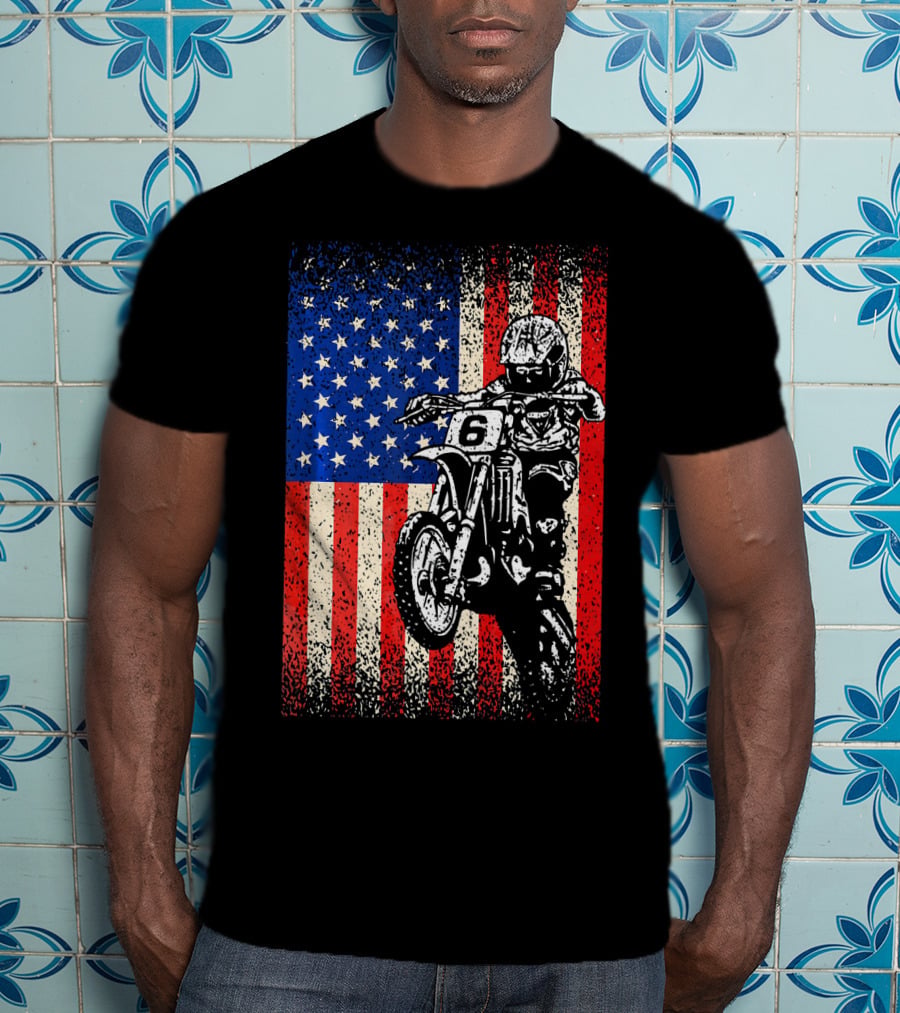 Dirt Bike American Flag Motocross Biker Number 6 T-Shirt