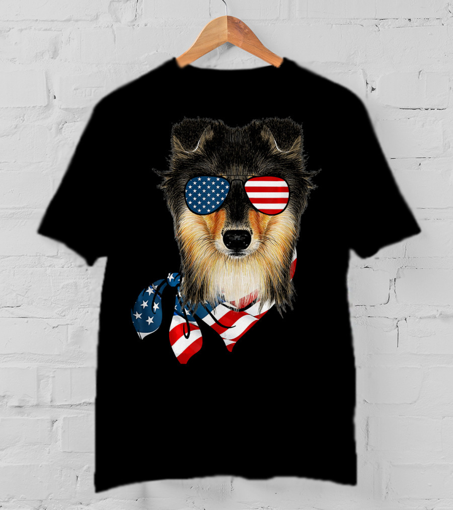 Sheltie Dog With American Flag Sunglasses And Bandana Patriotic T-Shirt