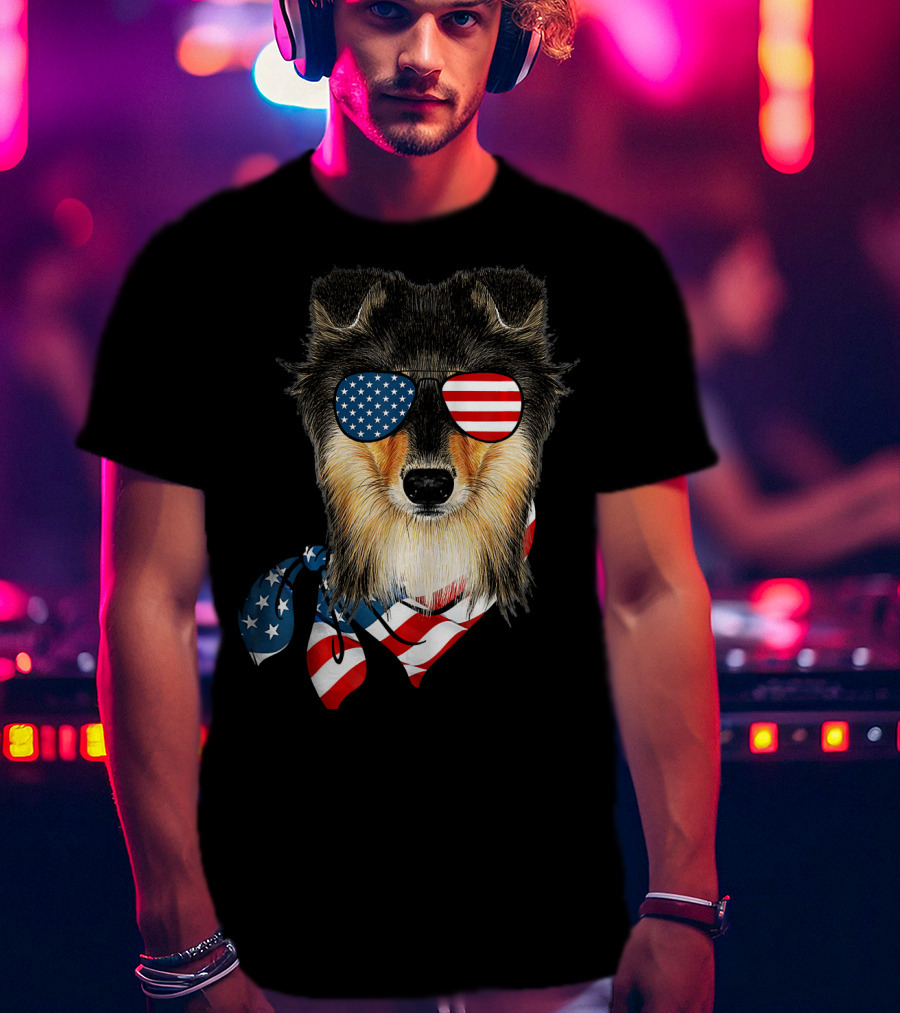 Sheltie Dog With American Flag Sunglasses And Bandana Patriotic T-Shirt