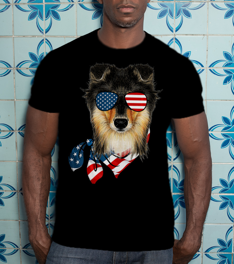 Sheltie Dog With American Flag Sunglasses And Bandana Patriotic T-Shirt
