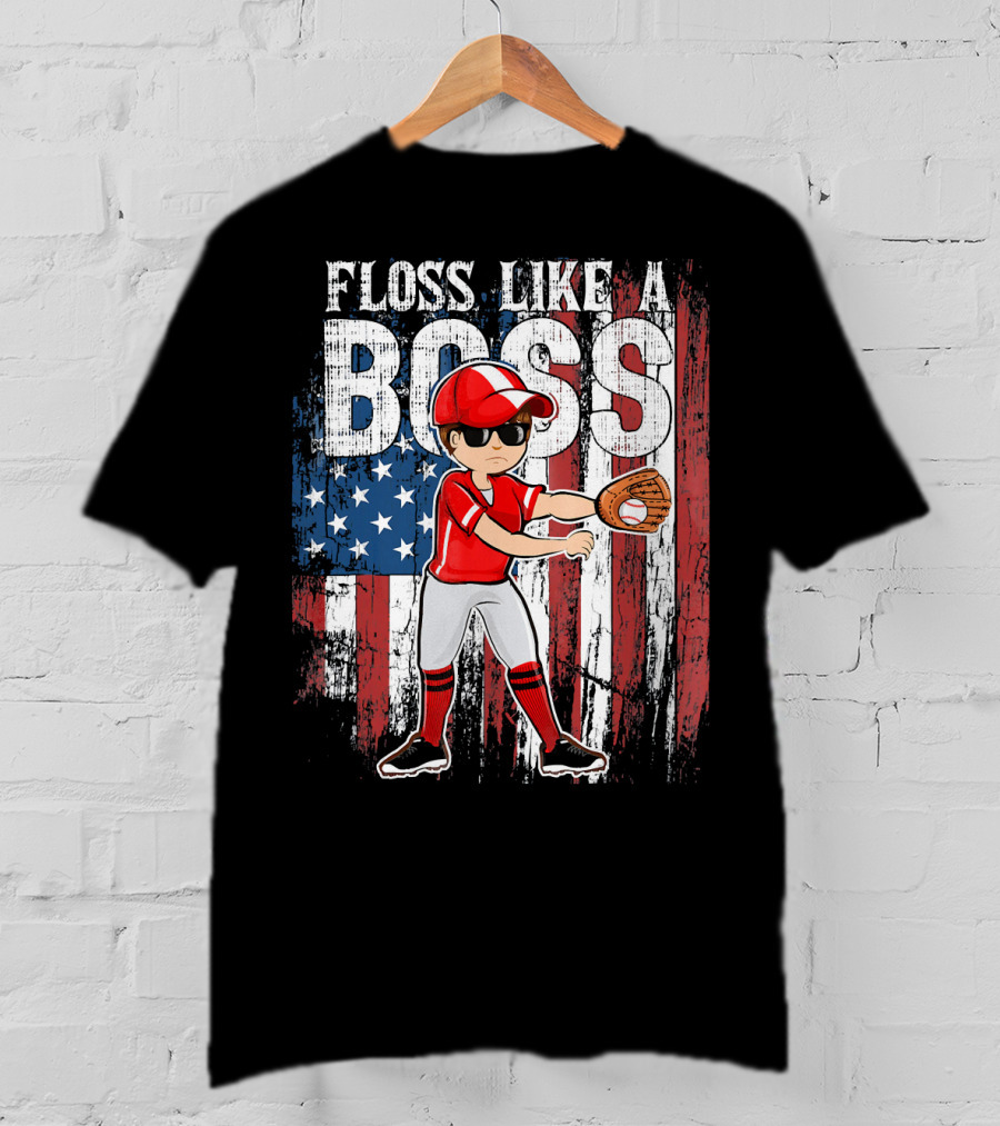 Floss Like A Boss American Baseball Spirit With Flag Background T-Shirt