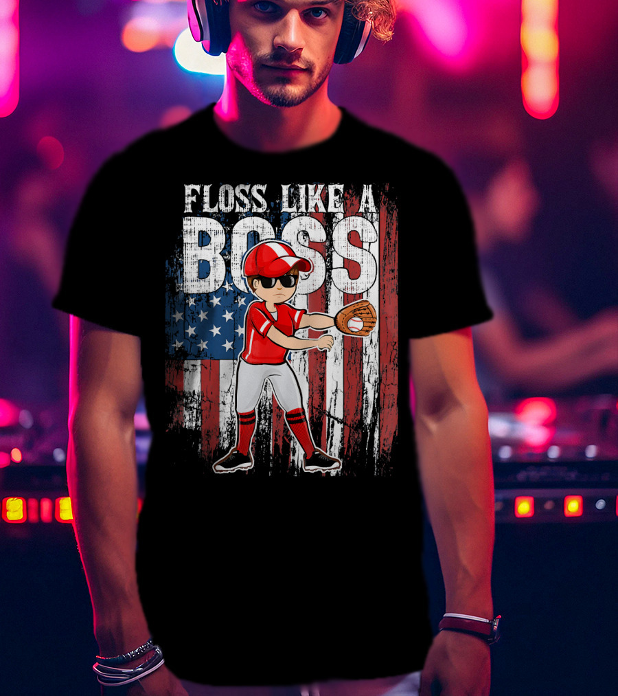 Floss Like A Boss American Baseball Spirit With Flag Background T-Shirt