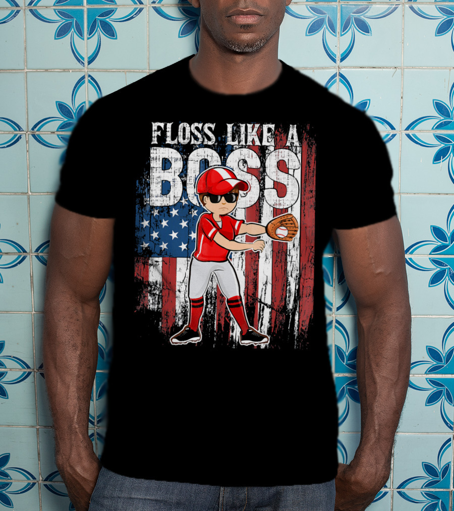 Floss Like A Boss American Baseball Spirit With Flag Background T-Shirt