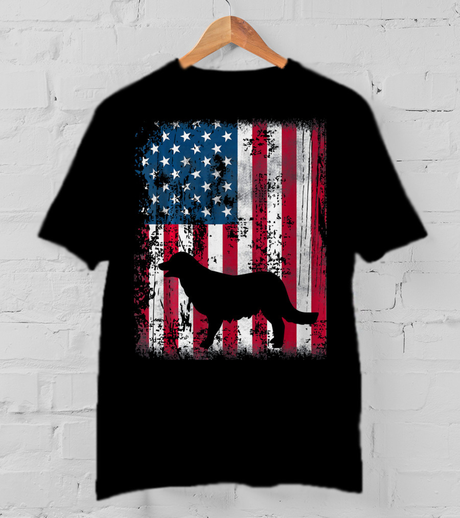 Golden Retriever Silhouette Over American Flag USA T-Shirt