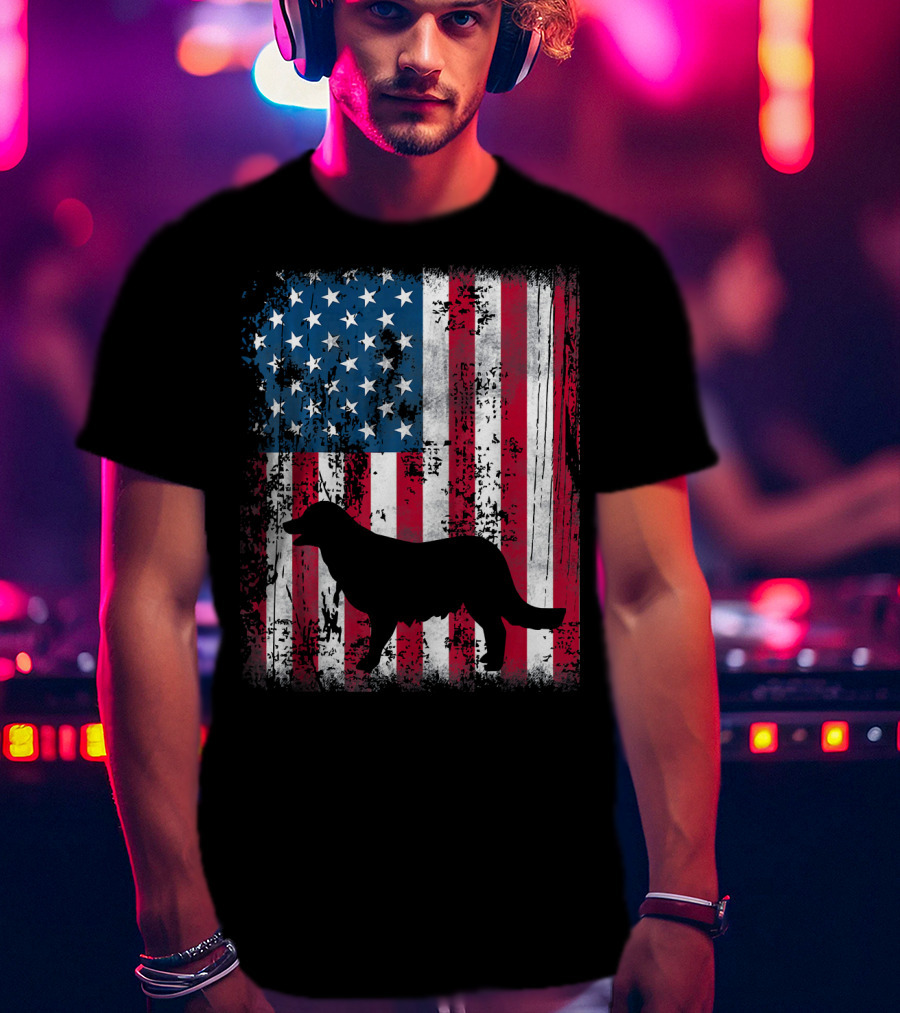 Golden Retriever Silhouette Over American Flag USA T-Shirt