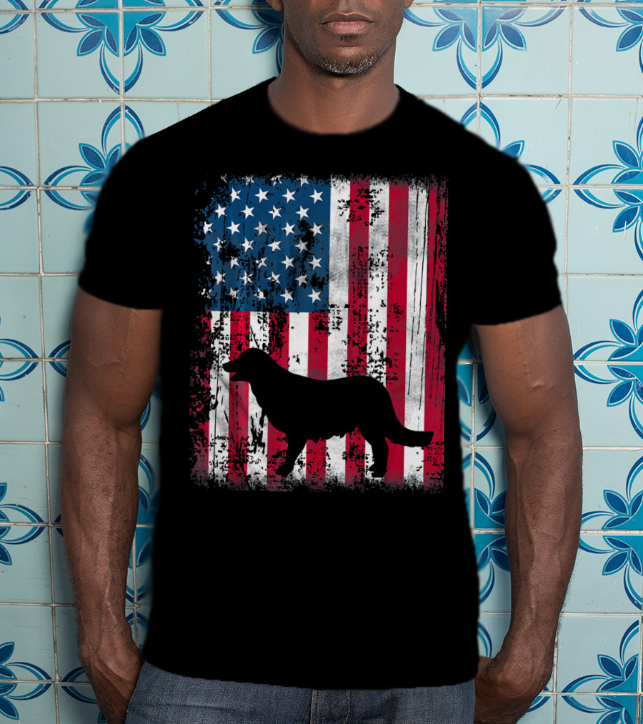 Golden Retriever Silhouette Over American Flag USA T-Shirt