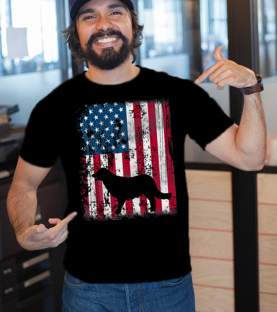 Golden Retriever Silhouette Over American Flag USA T-Shirt