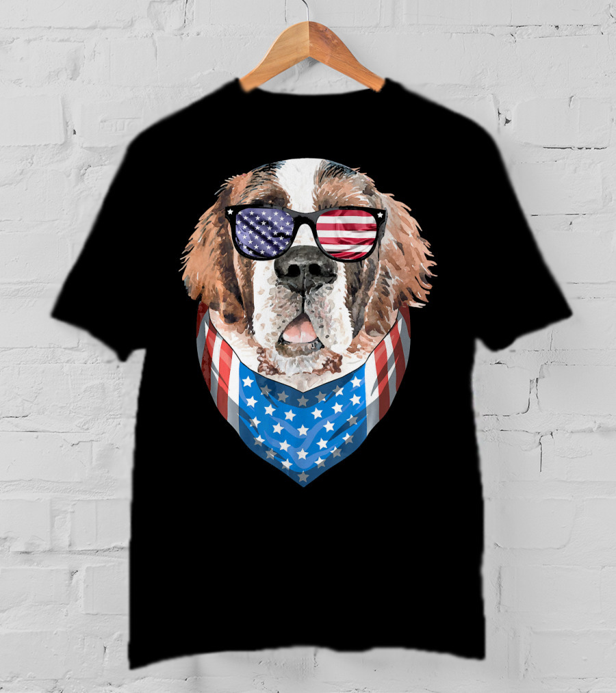 Fourth Of July American Flag Dog Sunglasses Bandana T-Shirt