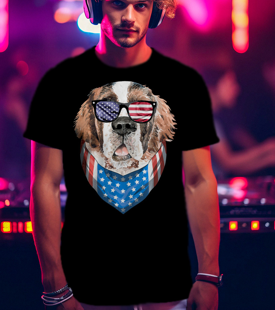 Fourth Of July American Flag Dog Sunglasses Bandana T-Shirt