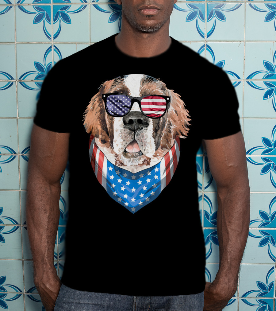 Fourth Of July American Flag Dog Sunglasses Bandana T-Shirt