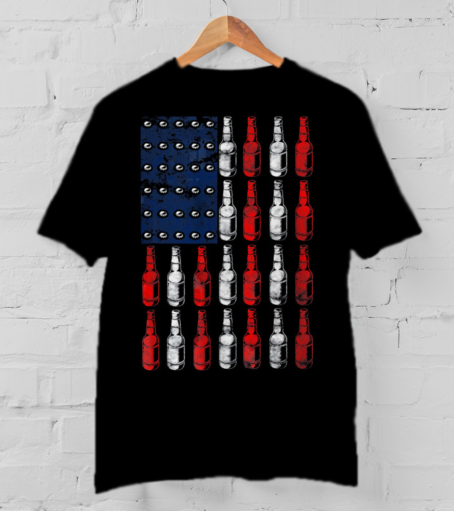 Patriotic American Flag Made Of Beer Bottles In Red White Blue T-Shirt