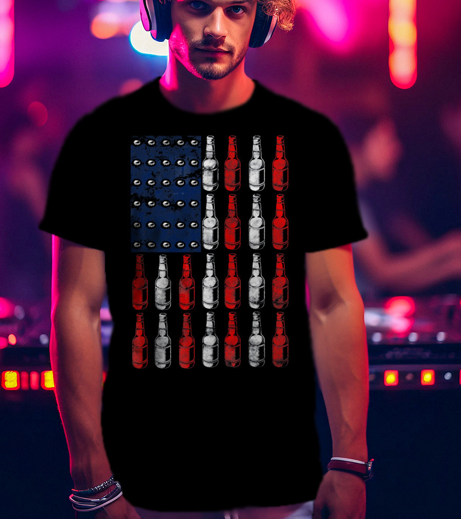 Patriotic American Flag Made Of Beer Bottles In Red White Blue T-Shirt