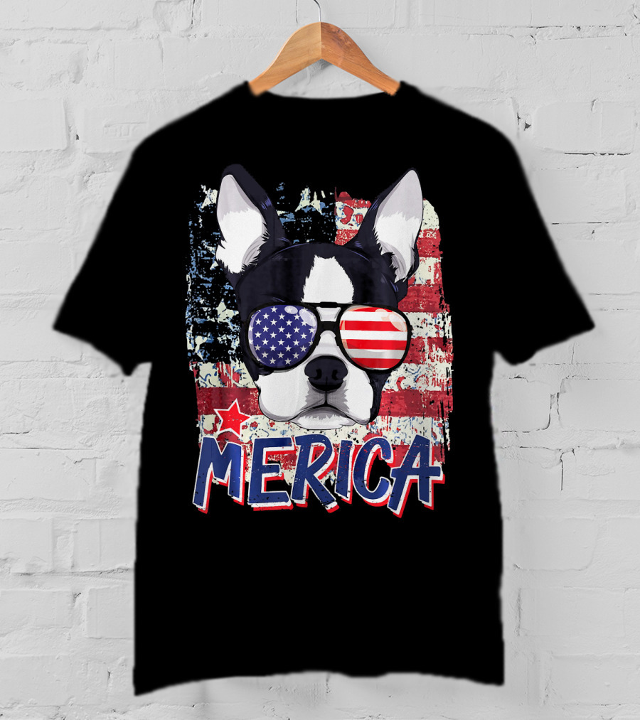 Merica Boston Terrier American Flag Sunglasses T-Shirt