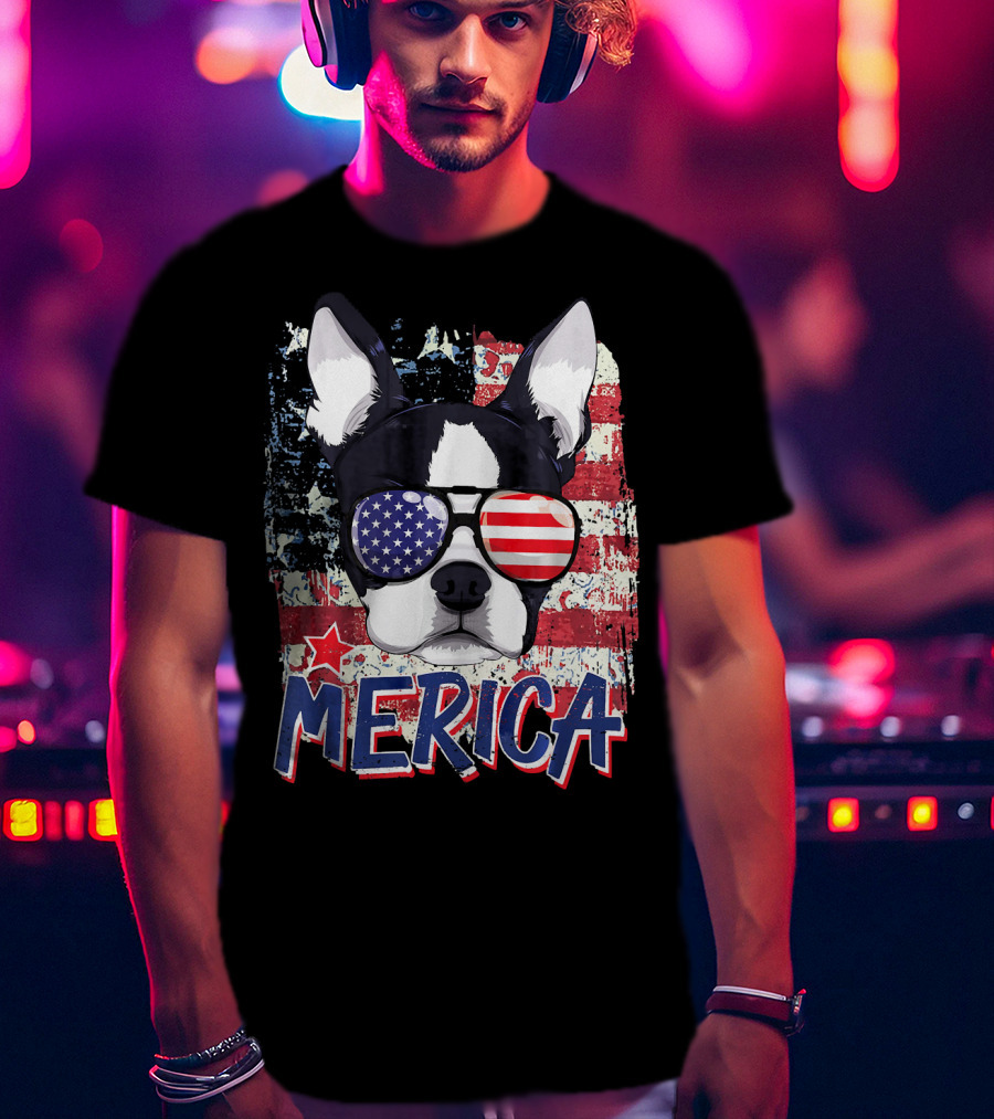 Merica Boston Terrier American Flag Sunglasses T-Shirt