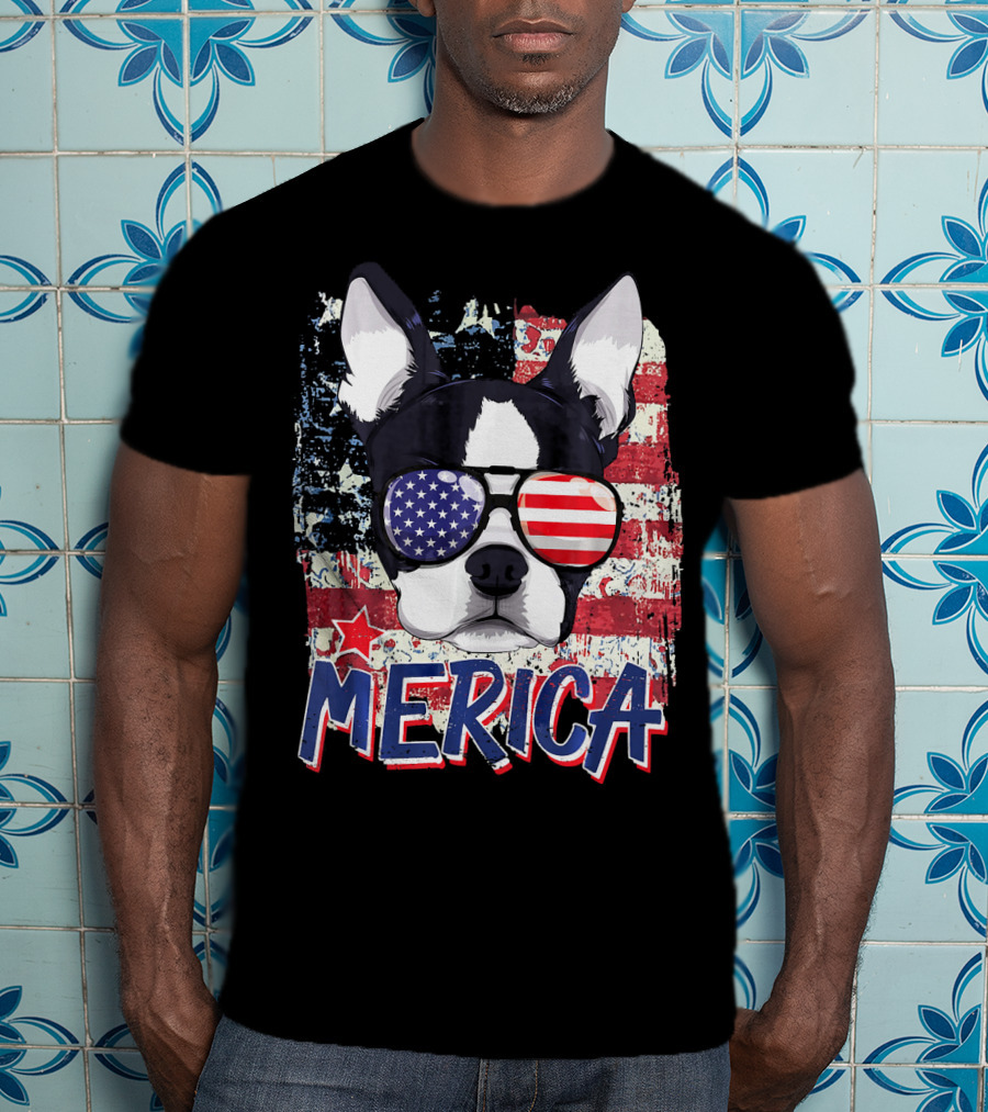 Merica Boston Terrier American Flag Sunglasses T-Shirt