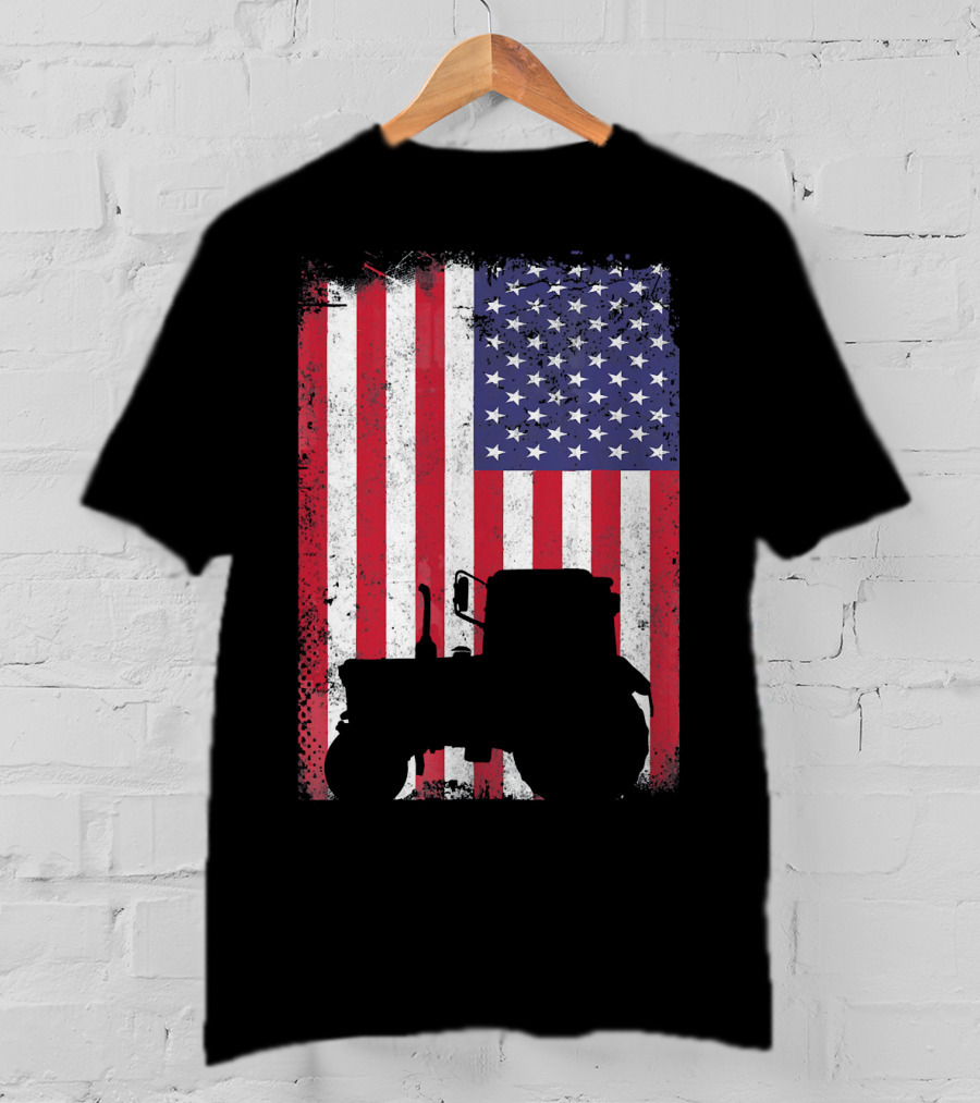 Tractor Silhouette Against Distressed American Flag Patriotic T-Shirt