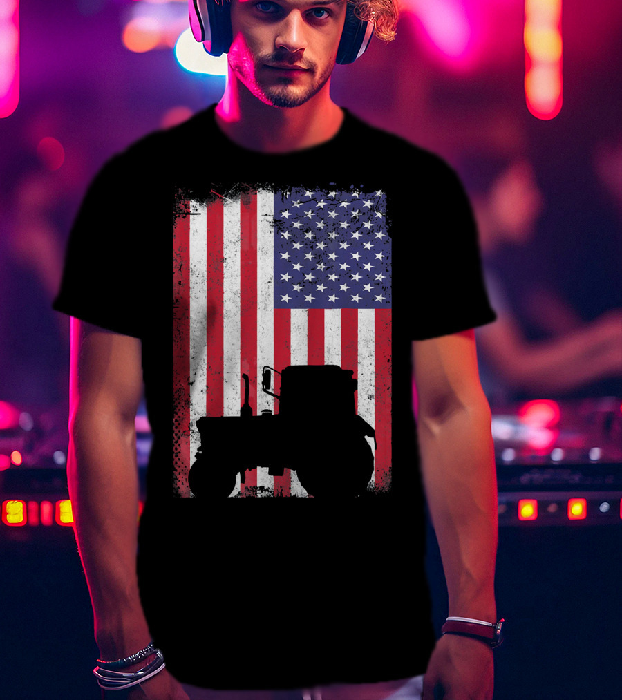 Tractor Silhouette Against Distressed American Flag Patriotic T-Shirt