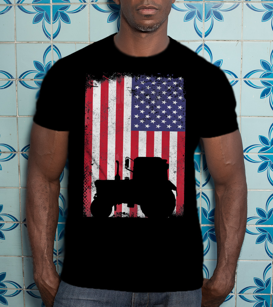 Tractor Silhouette Against Distressed American Flag Patriotic T-Shirt
