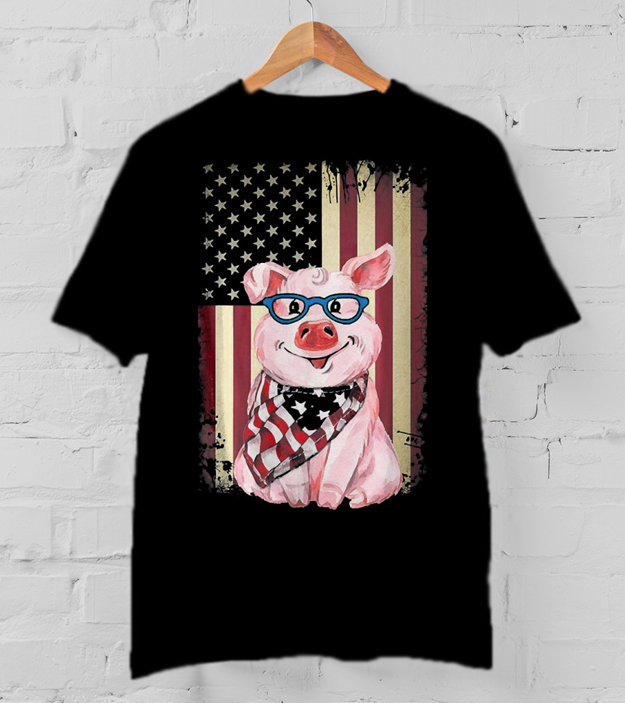 American Flag Pig With Glasses And Bandana T-Shirt