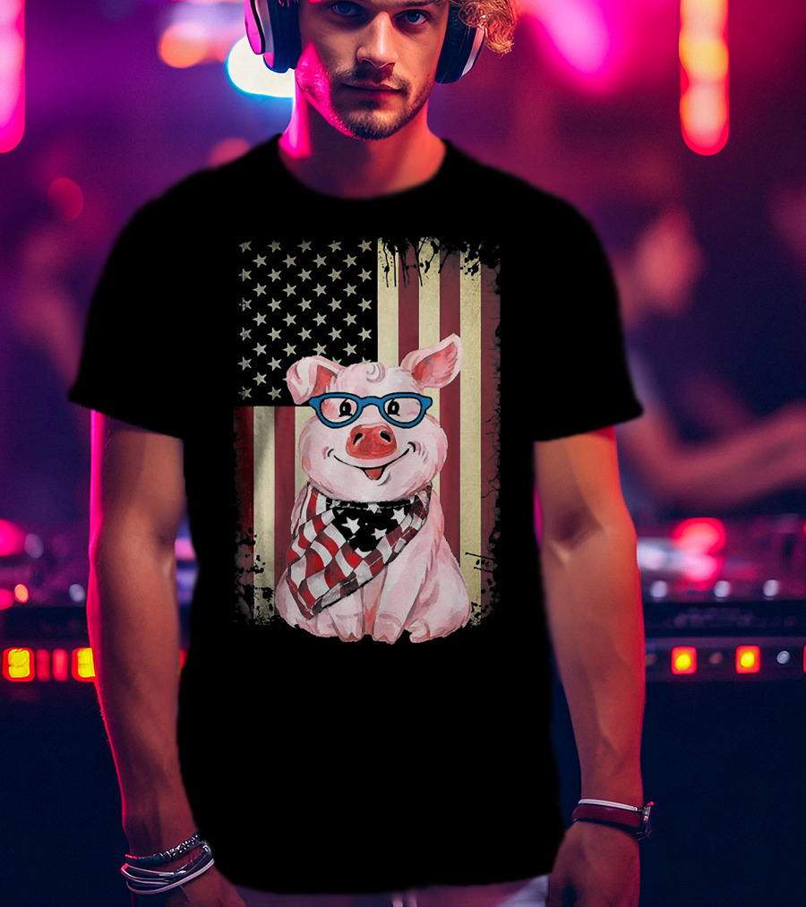 American Flag Pig With Glasses And Bandana T-Shirt