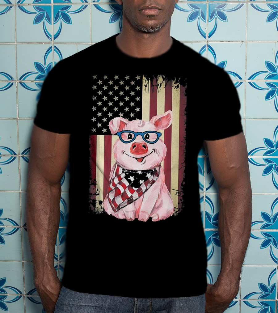American Flag Pig With Glasses And Bandana T-Shirt