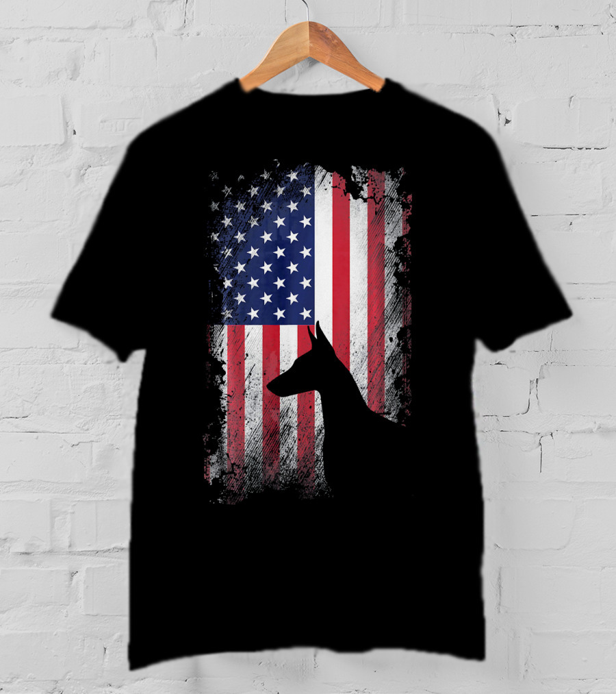 Doberman Pinscher Silhouette With American Flag Background T-Shirt