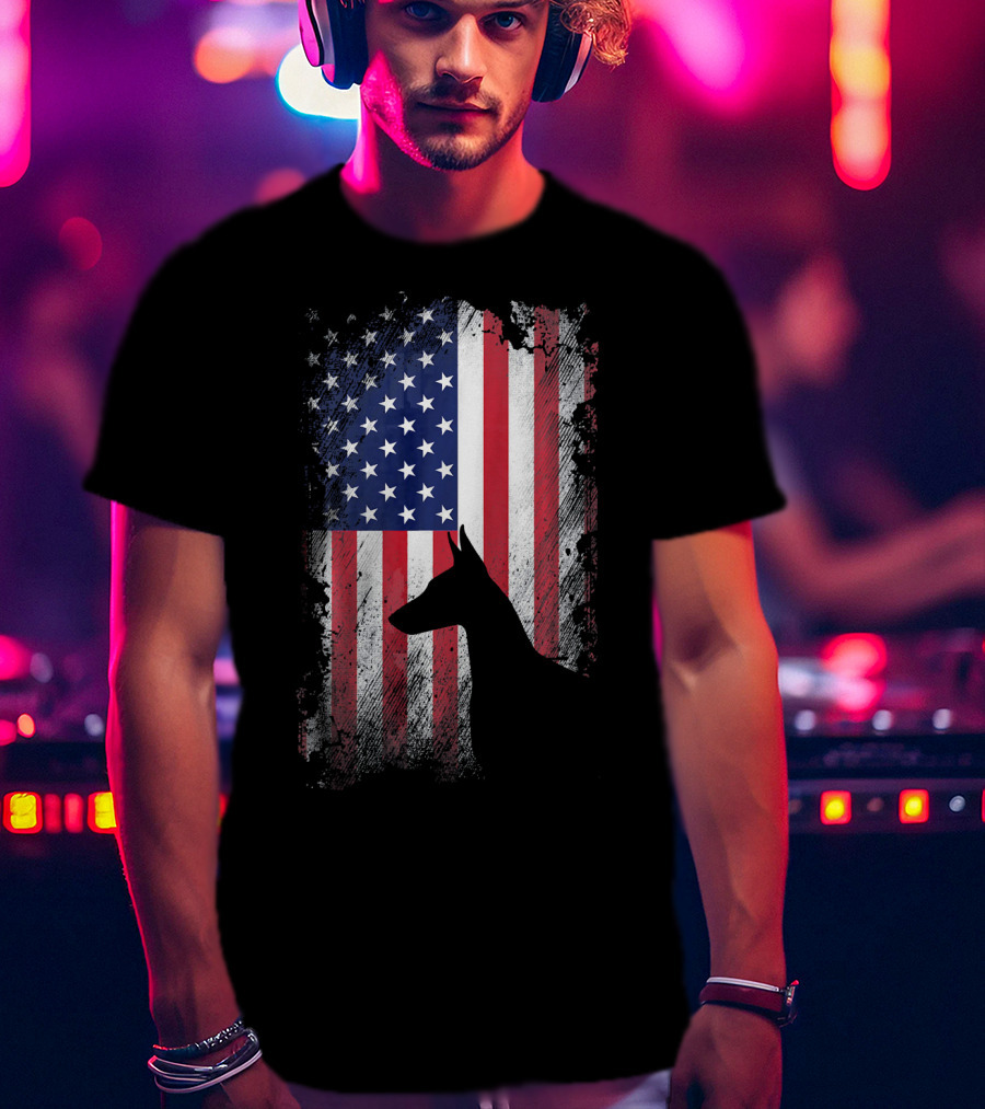 Doberman Pinscher Silhouette With American Flag Background T-Shirt