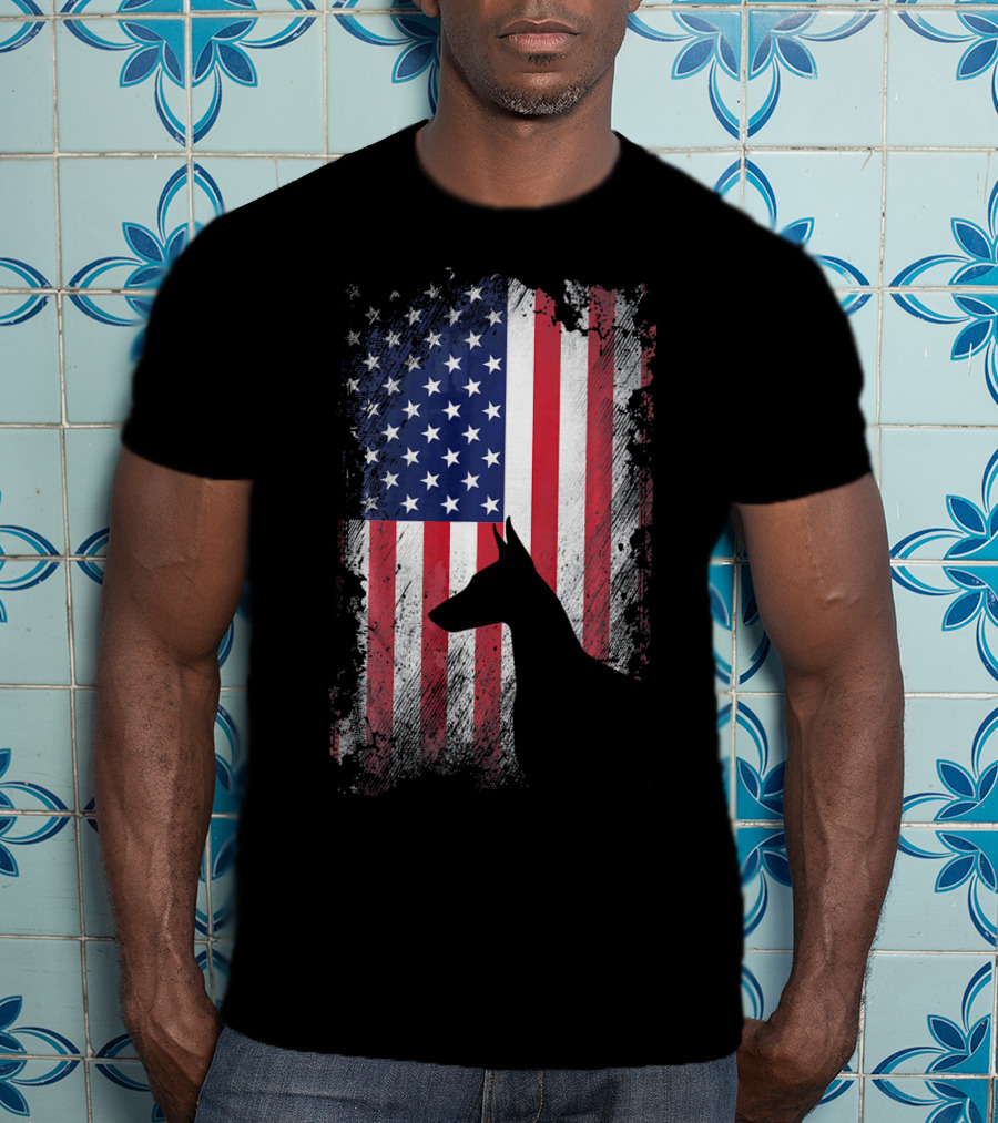 Doberman Pinscher Silhouette With American Flag Background T-Shirt