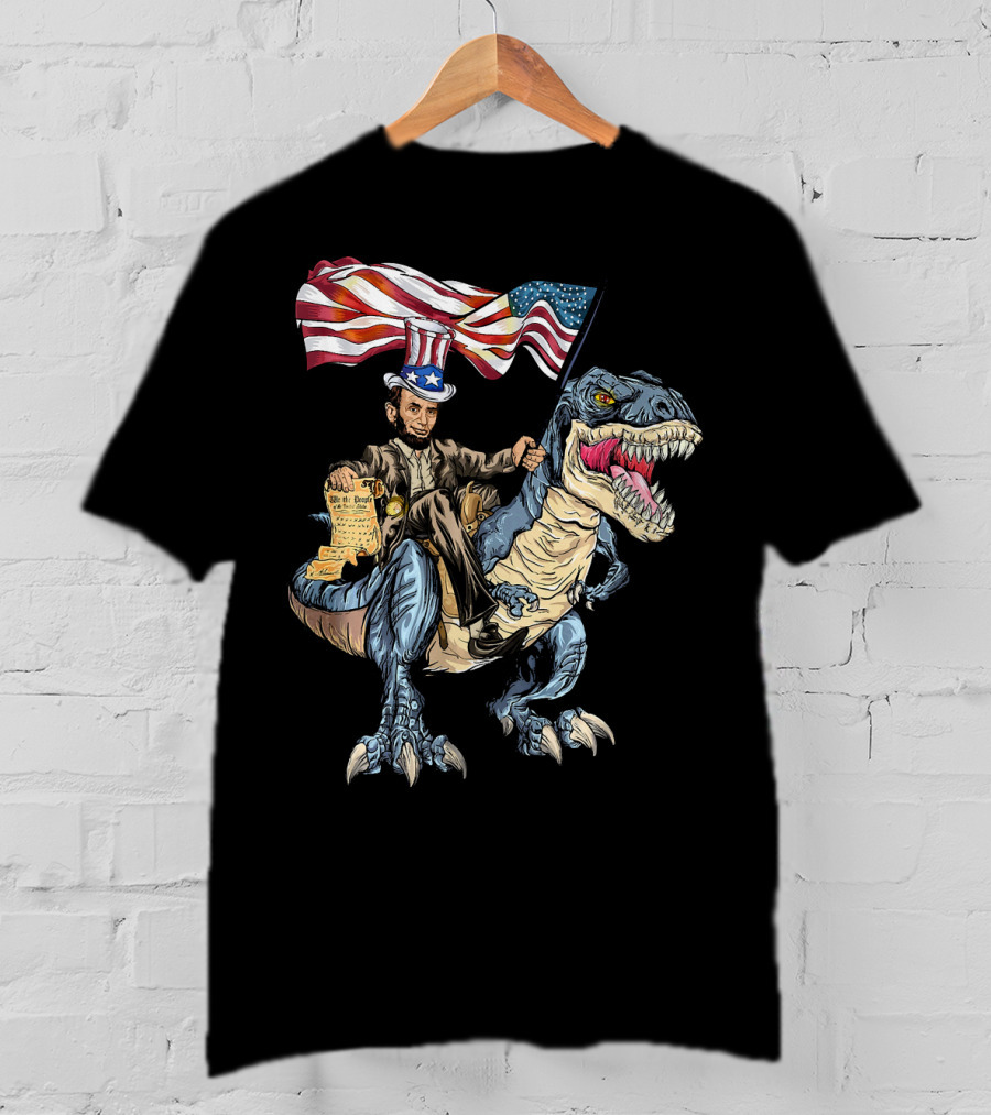 Abe Lincoln Riding Dinosaur With American Flag And Declaration T-Shirt