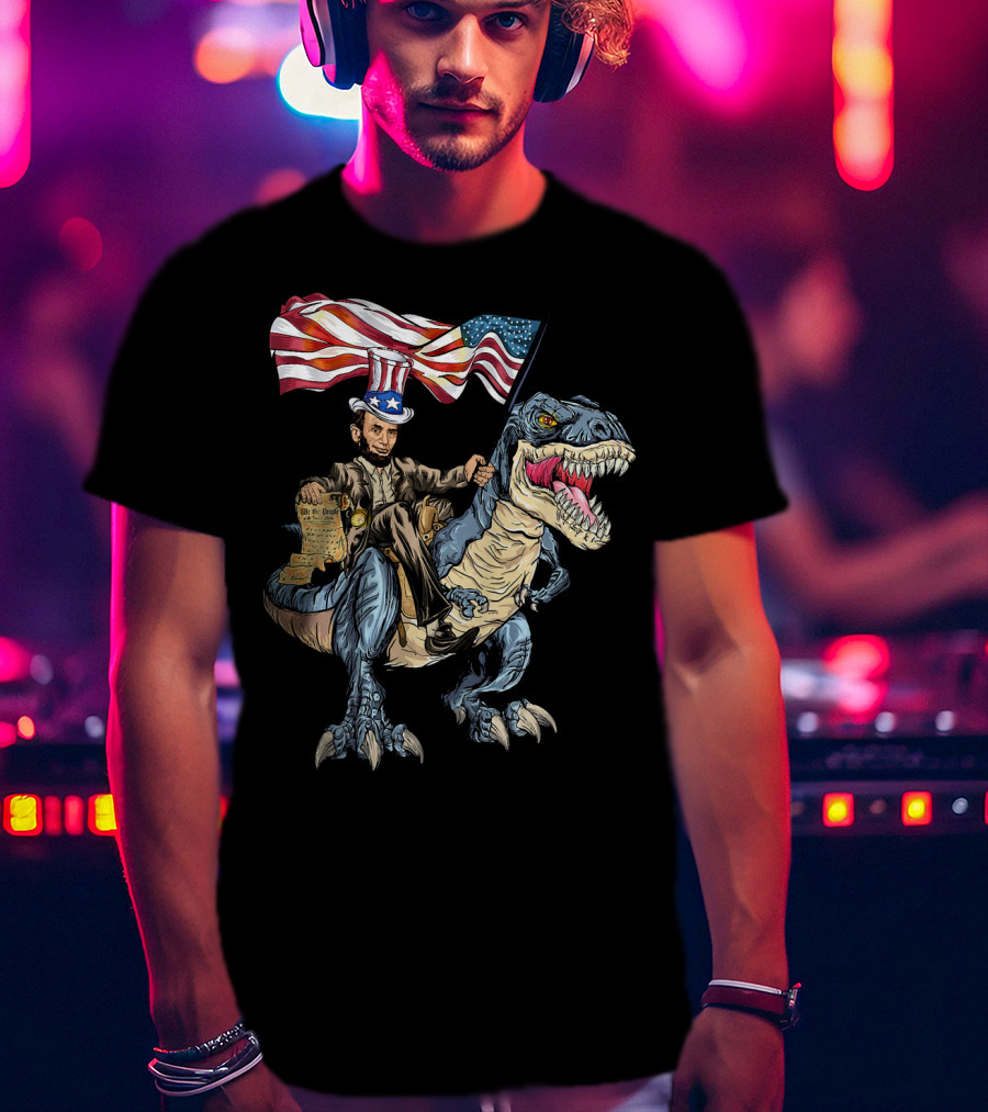 Abe Lincoln Riding Dinosaur With American Flag And Declaration T-Shirt