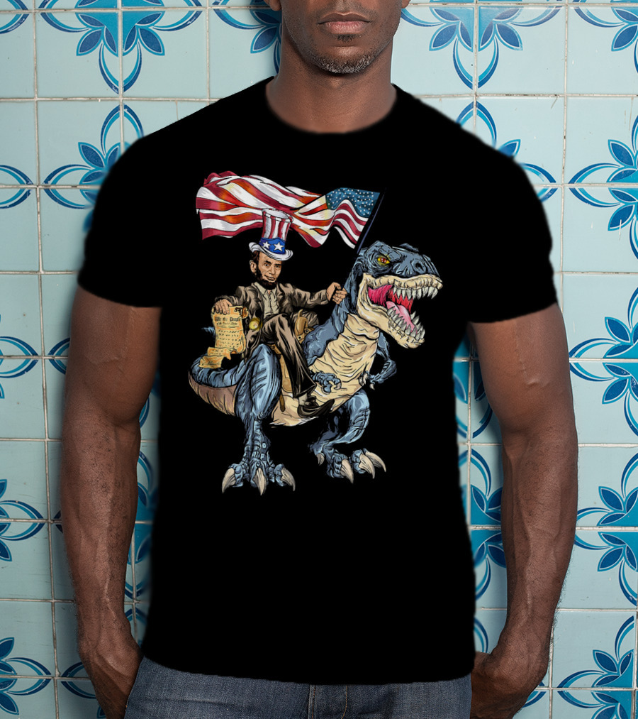 Abe Lincoln Riding Dinosaur With American Flag And Declaration T-Shirt
