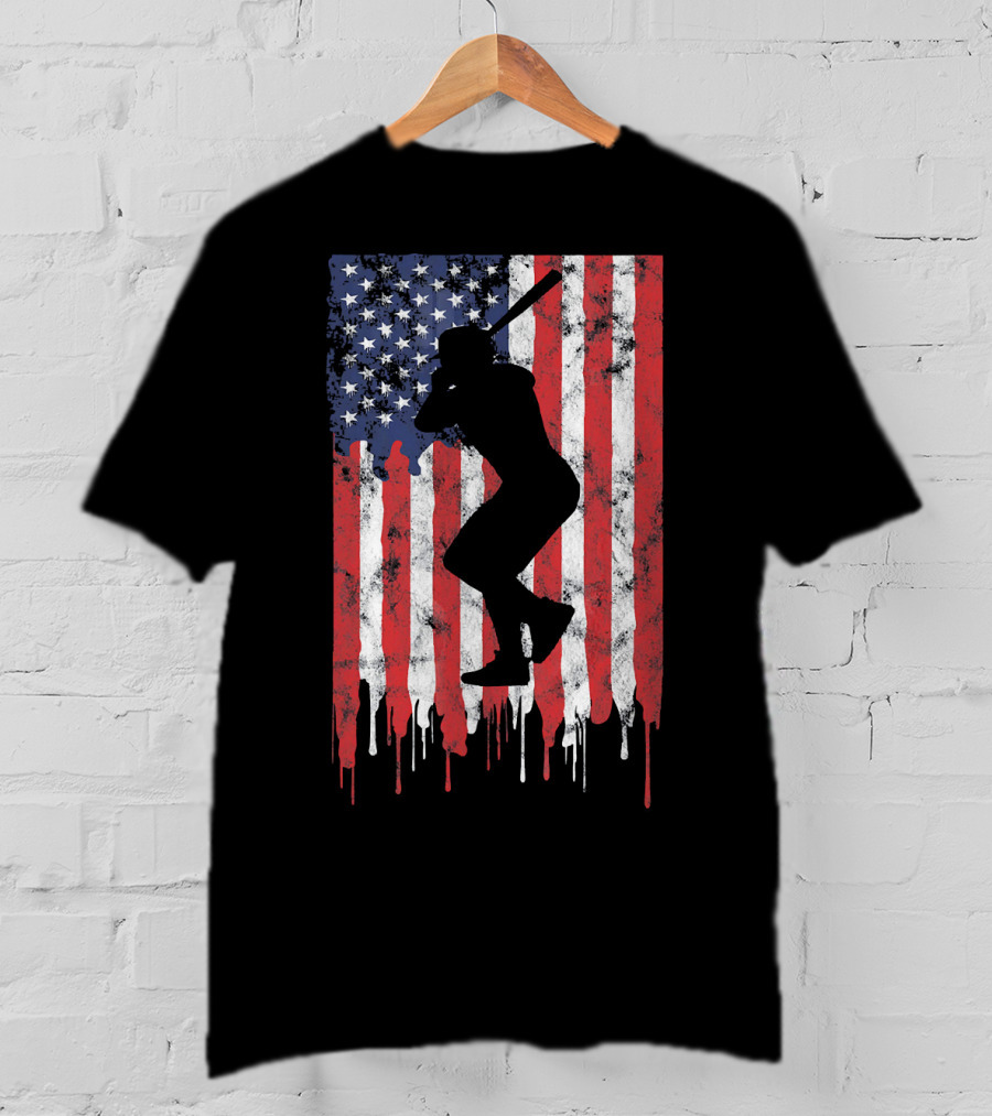Vintage Baseball Batter Silhouette On Dripping American Flag Background T-Shirt