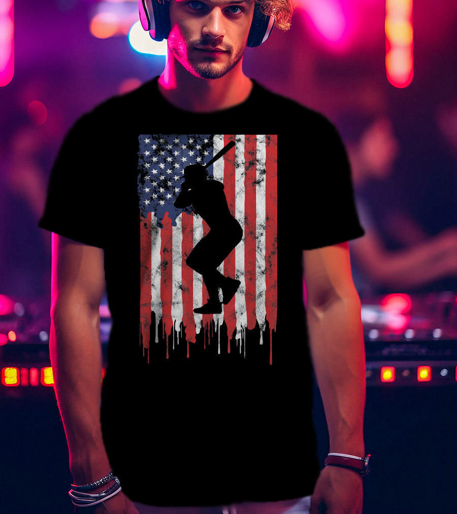 Vintage Baseball Batter Silhouette On Dripping American Flag Background T-Shirt