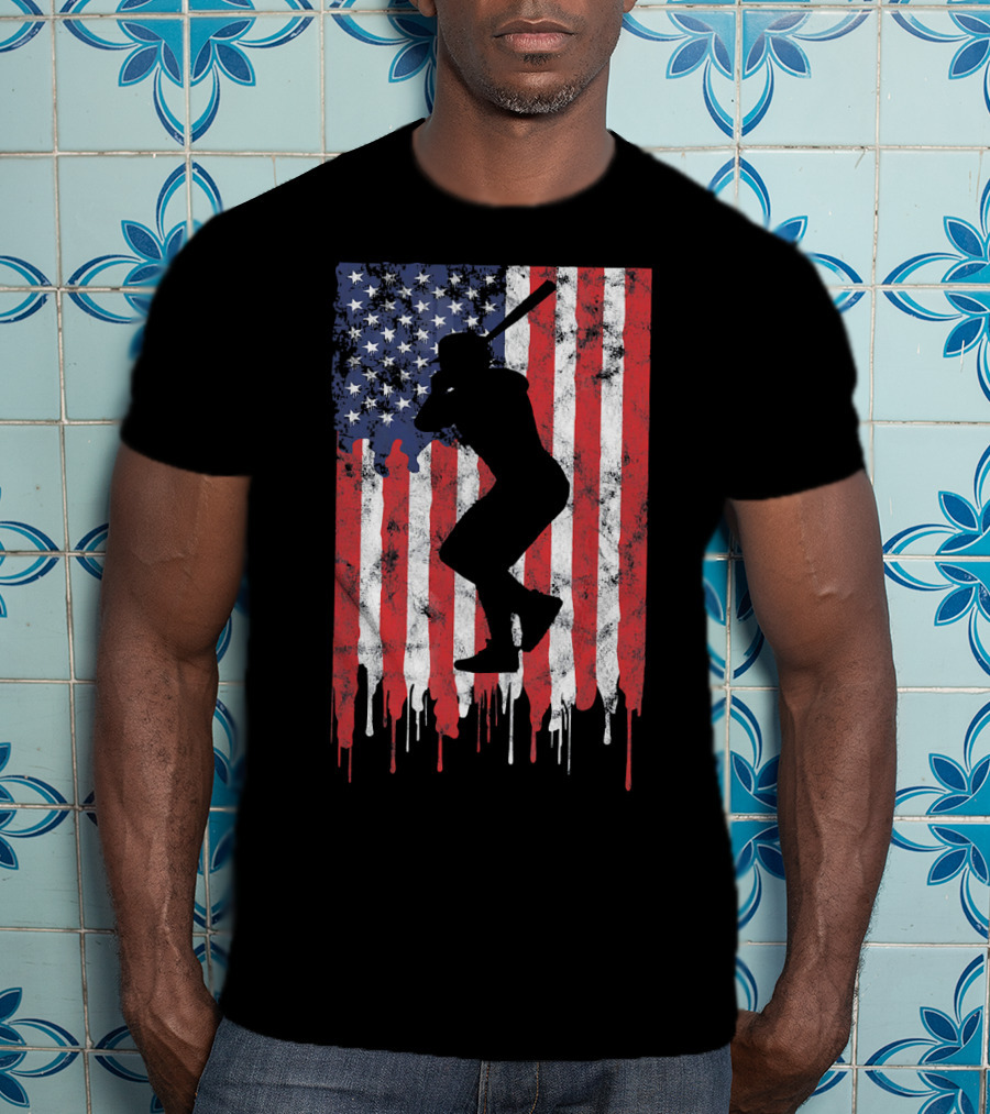 Vintage Baseball Batter Silhouette On Dripping American Flag Background T-Shirt