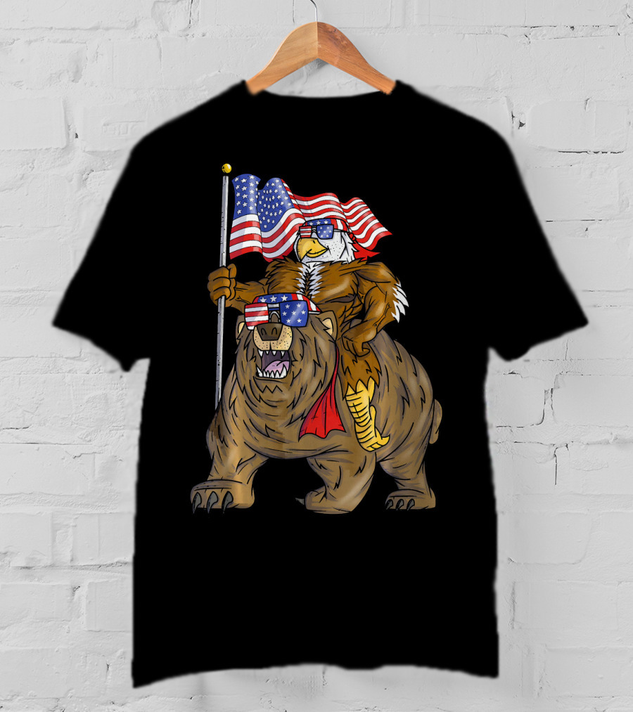 American Flag-Waving Bald Eagle Riding Bear With Sunglasses T-Shirt