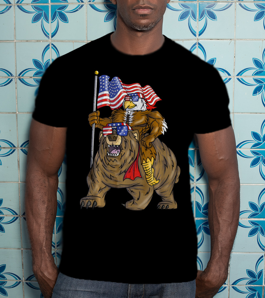 American Flag-Waving Bald Eagle Riding Bear With Sunglasses T-Shirt